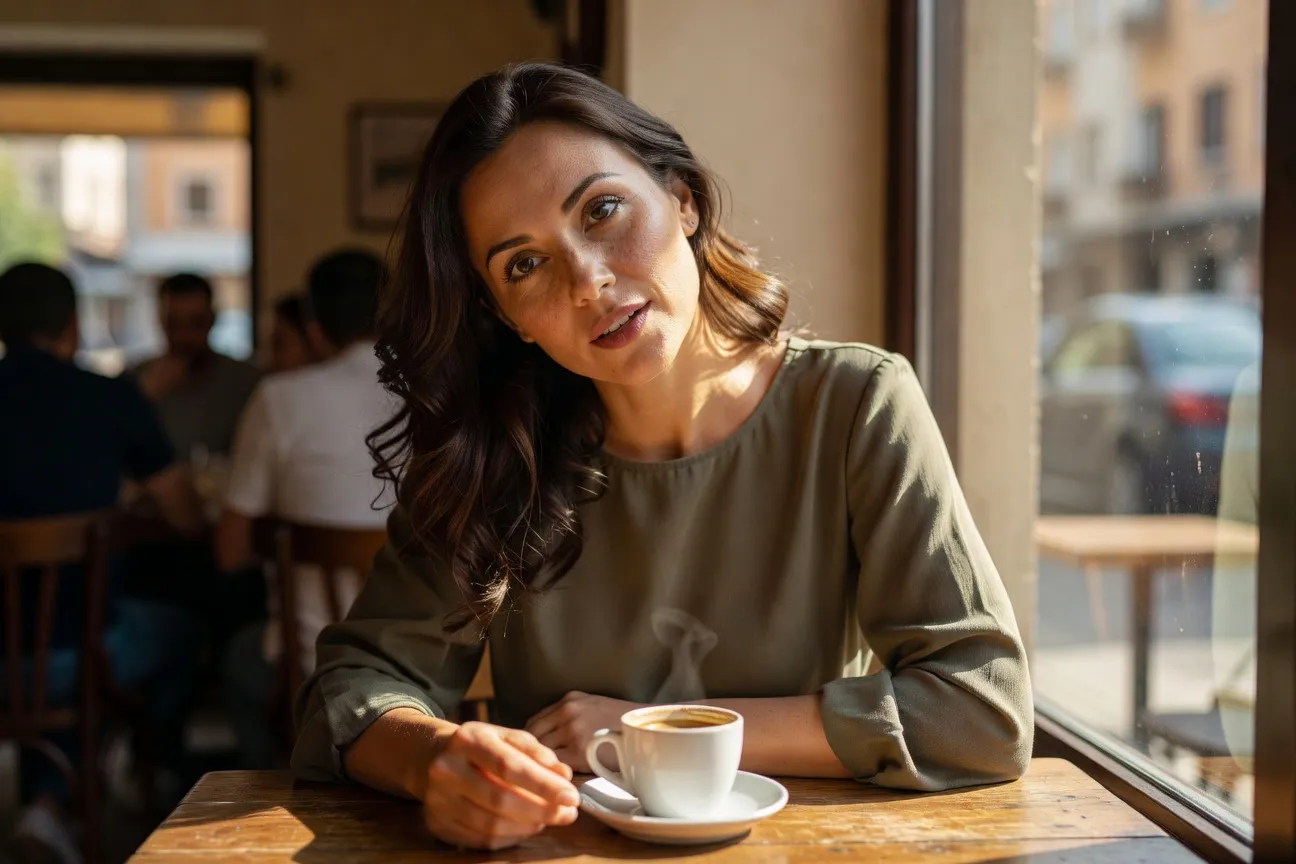 Femme albanaise dans un café de Tirana faisant un signe de tête typique