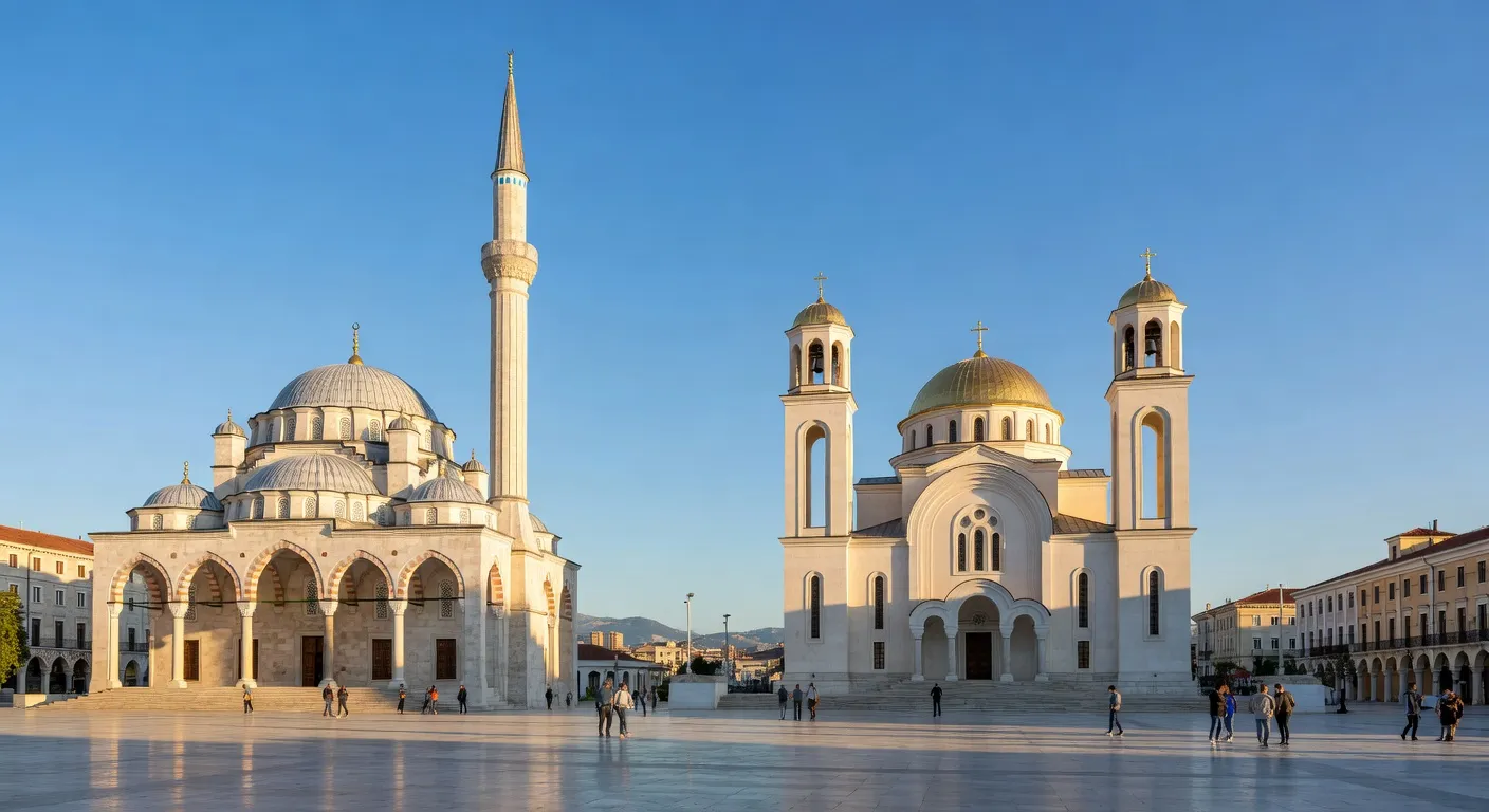 Mosquée Et'hem Bey et cathédrale orthodoxe de Tirana symbolisant la coexistence religieuse albanaise