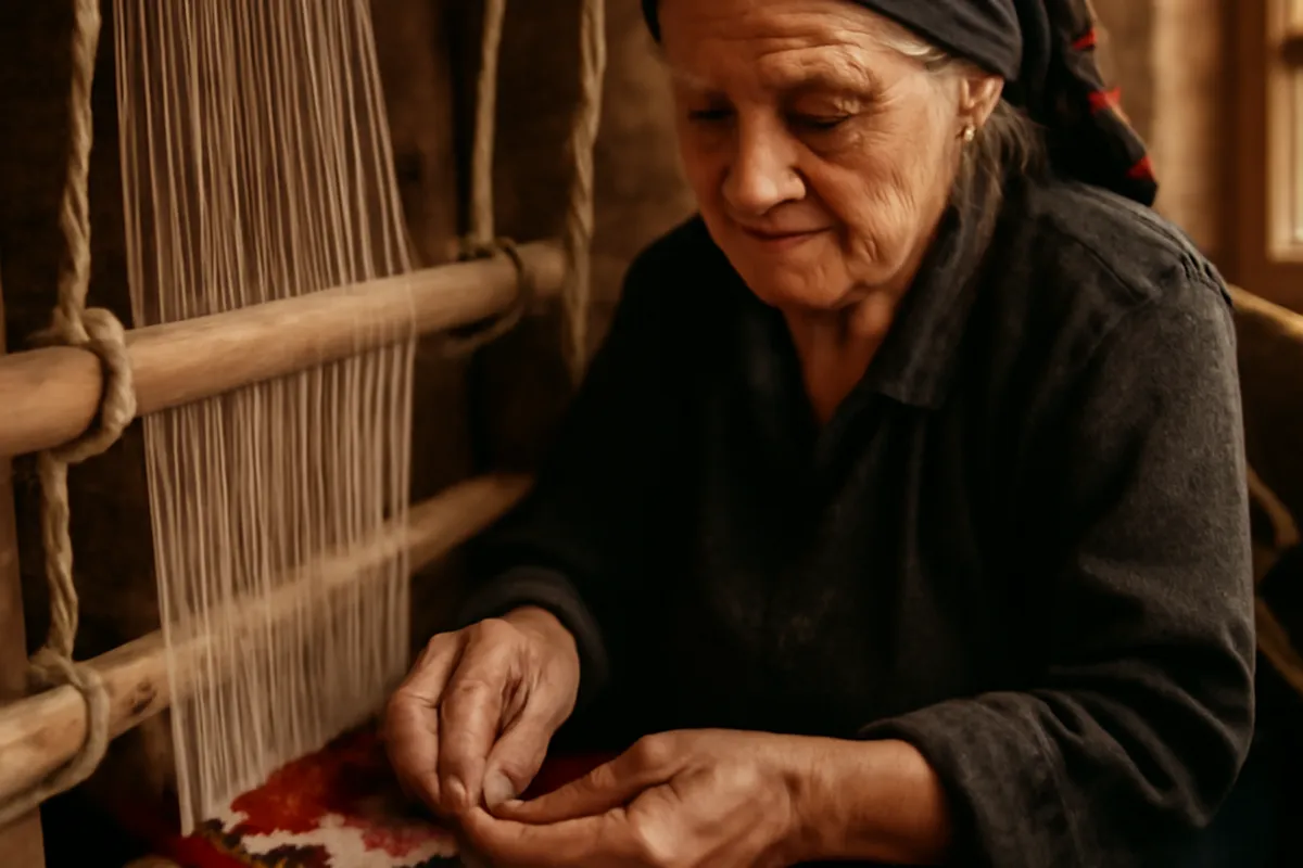 Artisane albanaise âgée tissant sur un métier à tisser traditionnel en bois dans un atelier rural