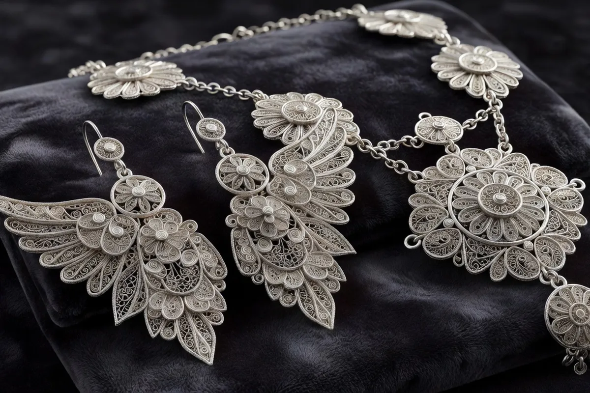 Bijoux en filigrane d'argent albanais exposés sur un étal de marché artisanal