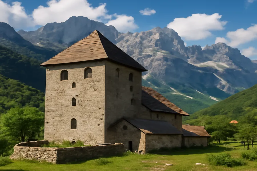 Tour kulla traditionnelle en pierre dans le village de Theth, Alpes albanaises