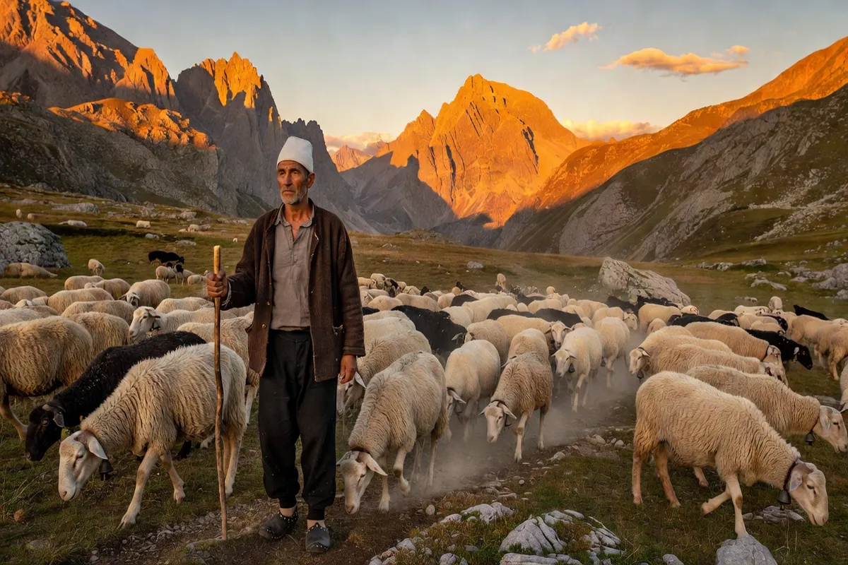 Berger albanais avec son troupeau dans les montagnes de Theth au lever du soleil