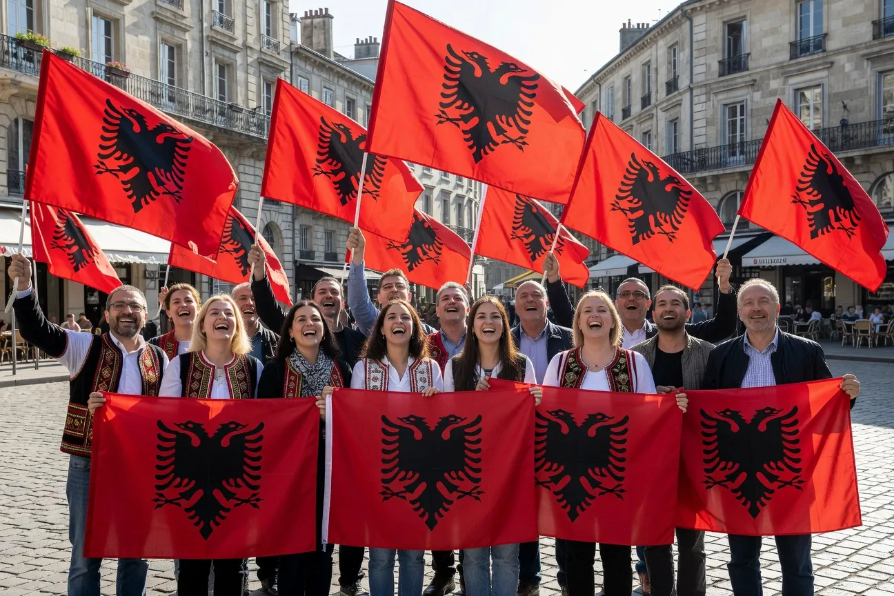 Fête nationale albanaise à Paris, drapeau albanais rouge à l'aigle bicéphale noir