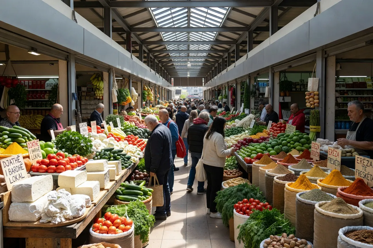 Le Pazari i Ri de Tirana, marché couvert animé avec étals de produits frais albanais