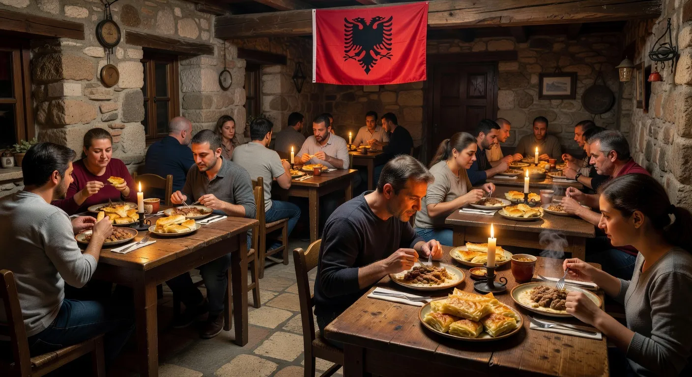Intérieur d'un restaurant albanais traditionnel à Tirana avec plats de tavë kosi et fërgesë
