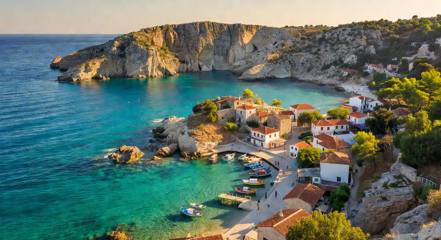 Vue côtière de Sarandë sur la riviera albanaise, baie turquoise face à Corfou