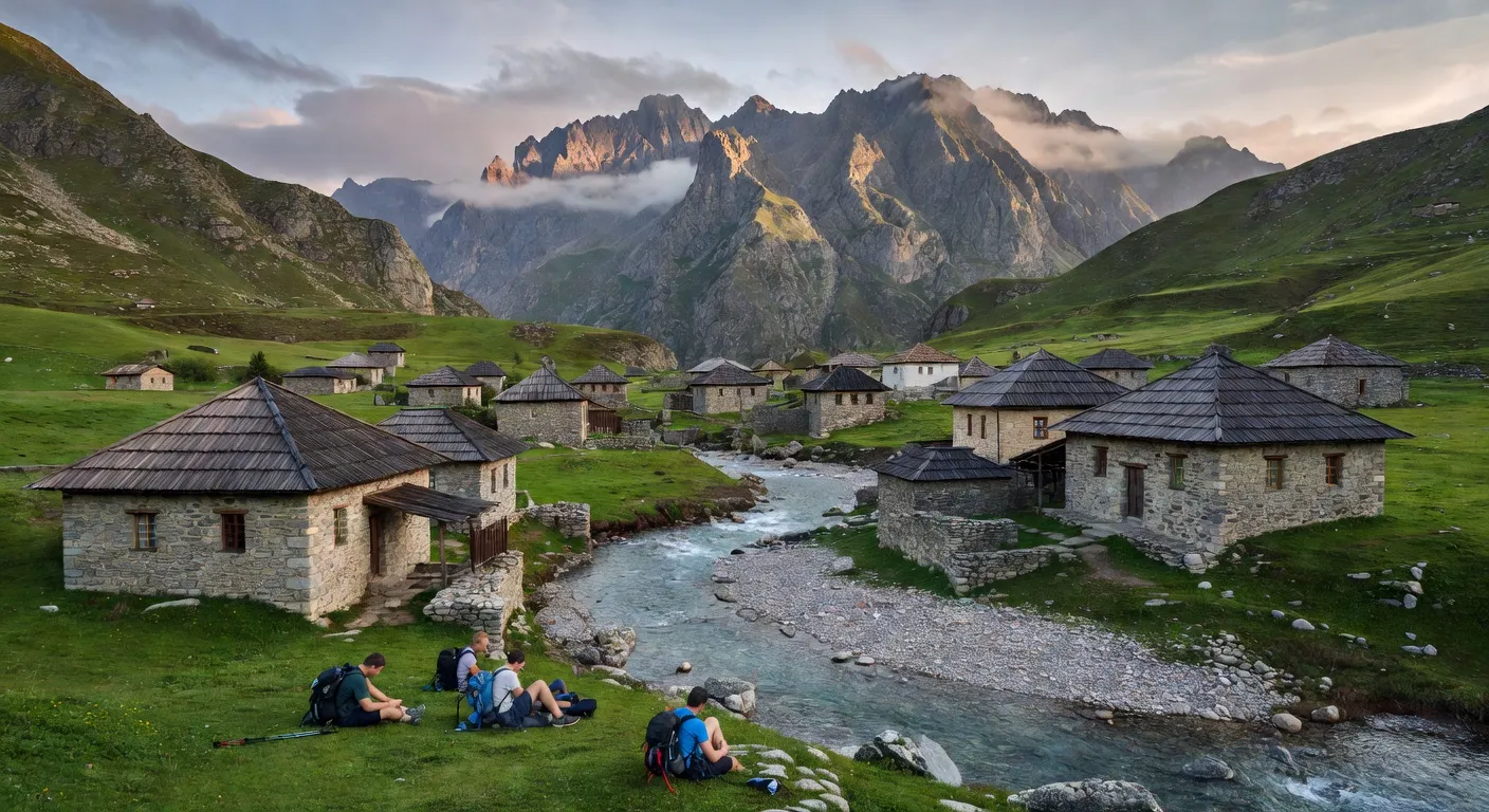 Village de Theth dans les Alpes albanaises, maisons en pierre et rivière Shala cristalline