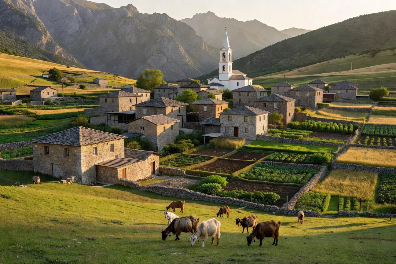 Village de Theth dans les Alpes albanaises, région du Kanun