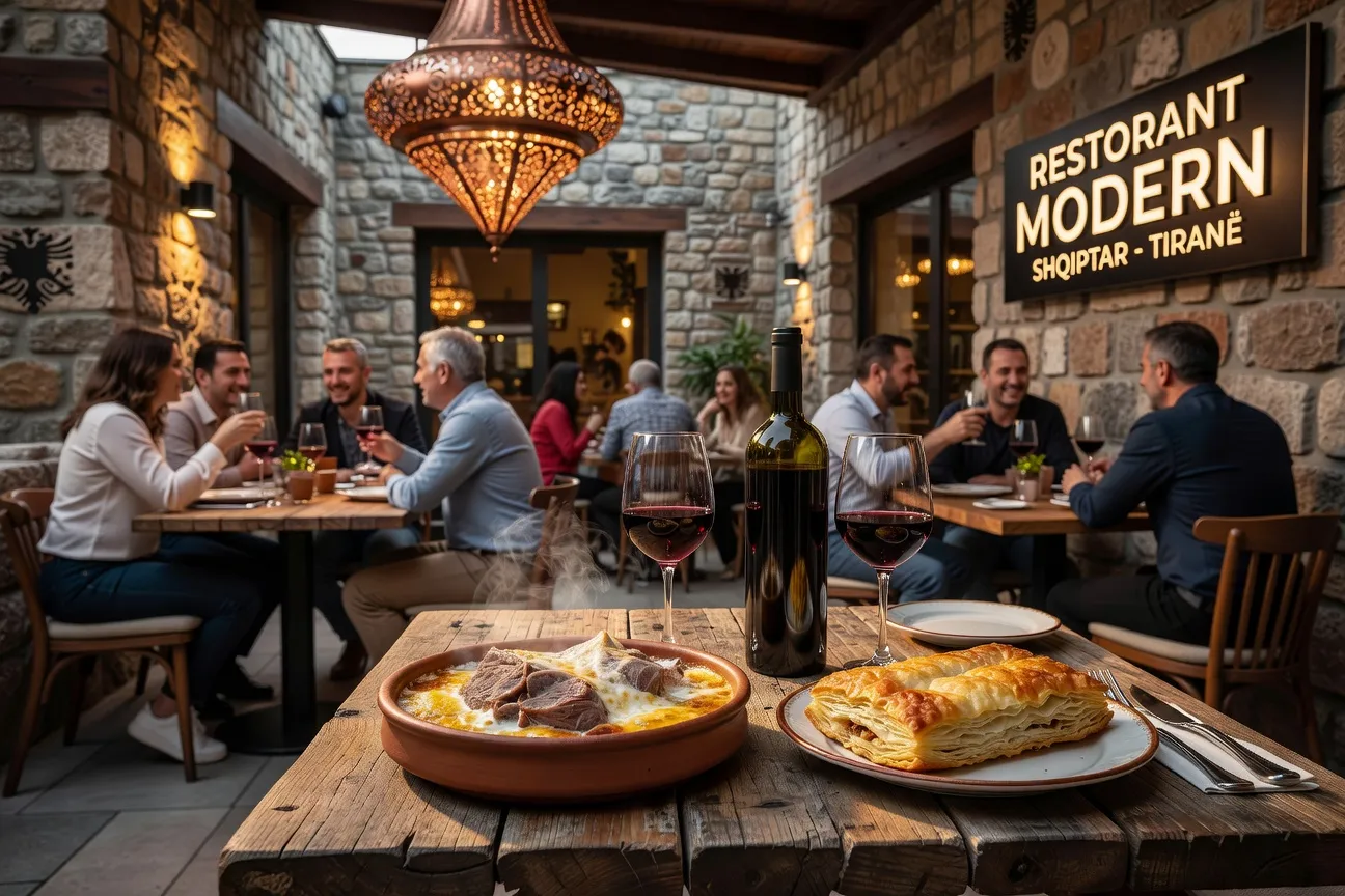 Table d'un restaurant albanais authentique à Tirana avec plats traditionnels