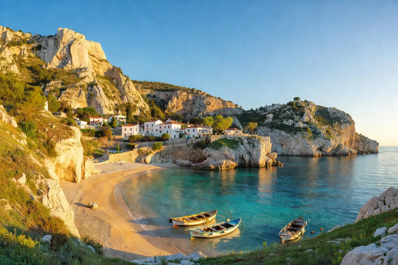 Vue panoramique de la riviera albanaise avec mer Ionienne turquoise et falaises calcaires