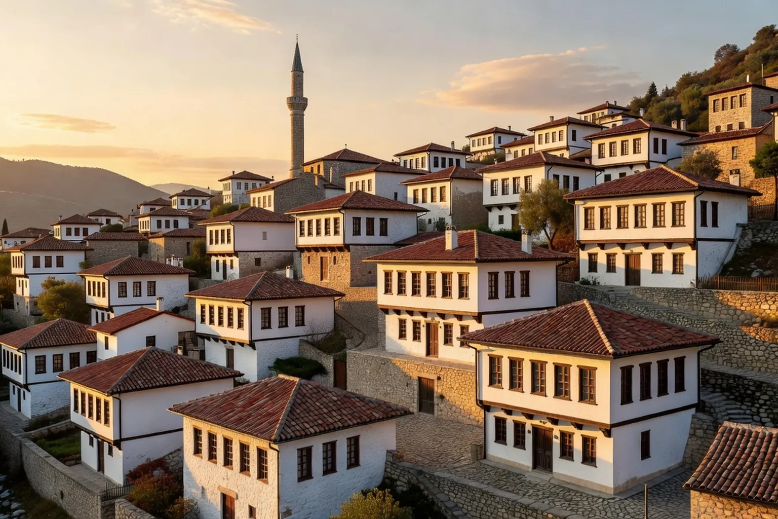 Quartier Mangalem de Berat, maisons ottomanes blanches aux multiples fenêtrès, minaret visible en arrière-plan
