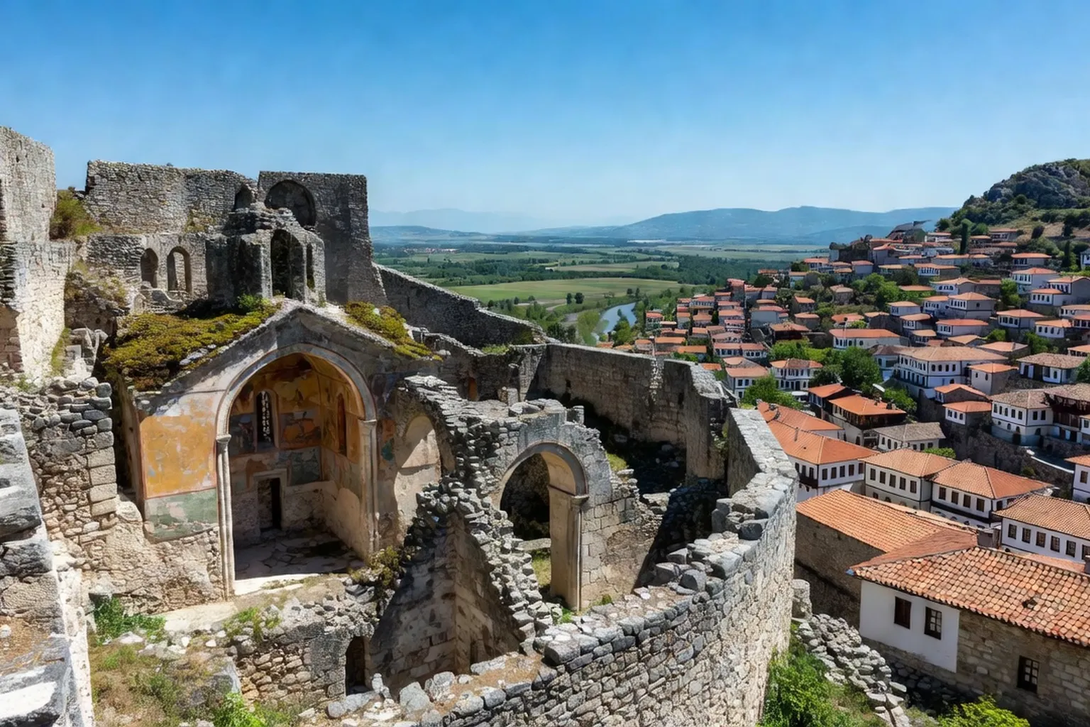 Citadelle de Berat (Kalaja), église byzantine en ruine avec vue panoramique sur la vallée et la ville blanche en contrebas