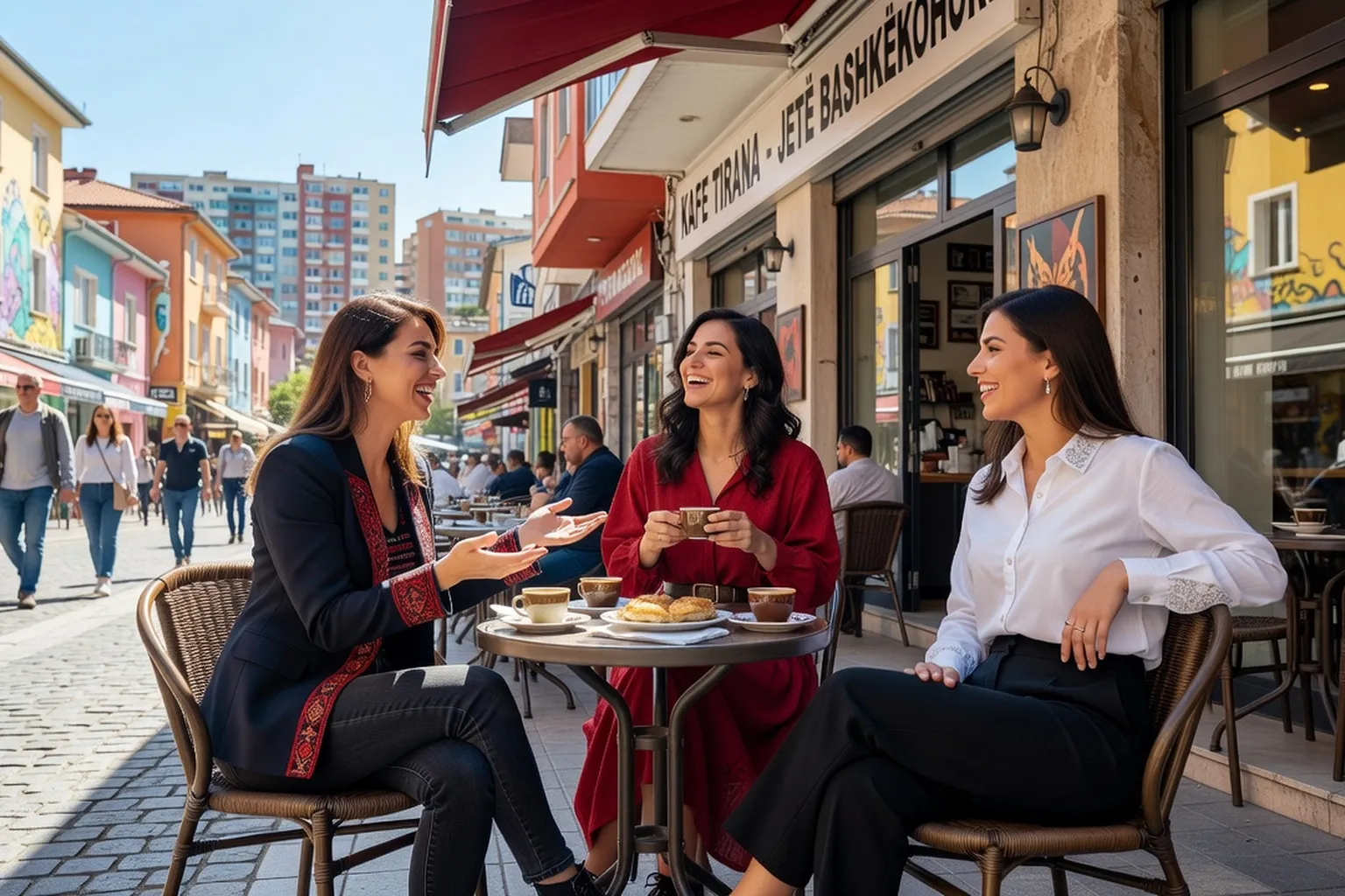 Femmes albanaises modernes dans un café de Tirana, mélange de tradition et de modernité