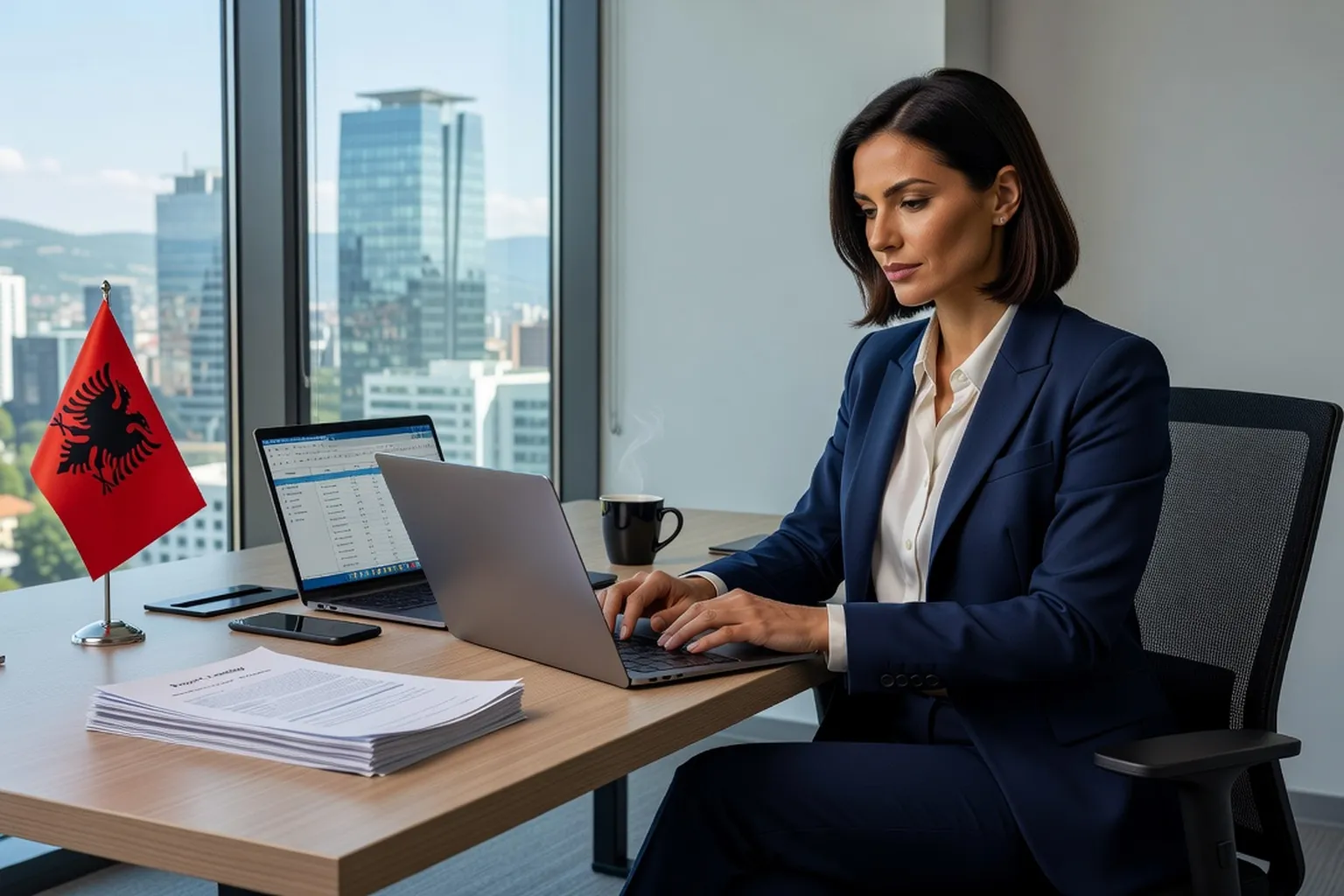 Femme albanaise au bureau, professionnelle active, Albanie contemporaine 2026