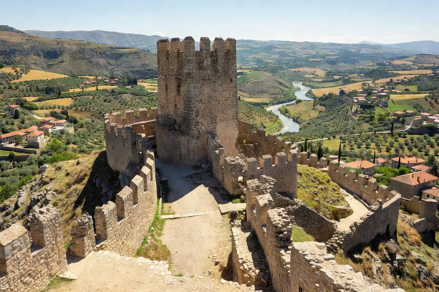 La citadelle de Gjirokastra sur la colline, tour médiévale et vue sur la vallée du Drino