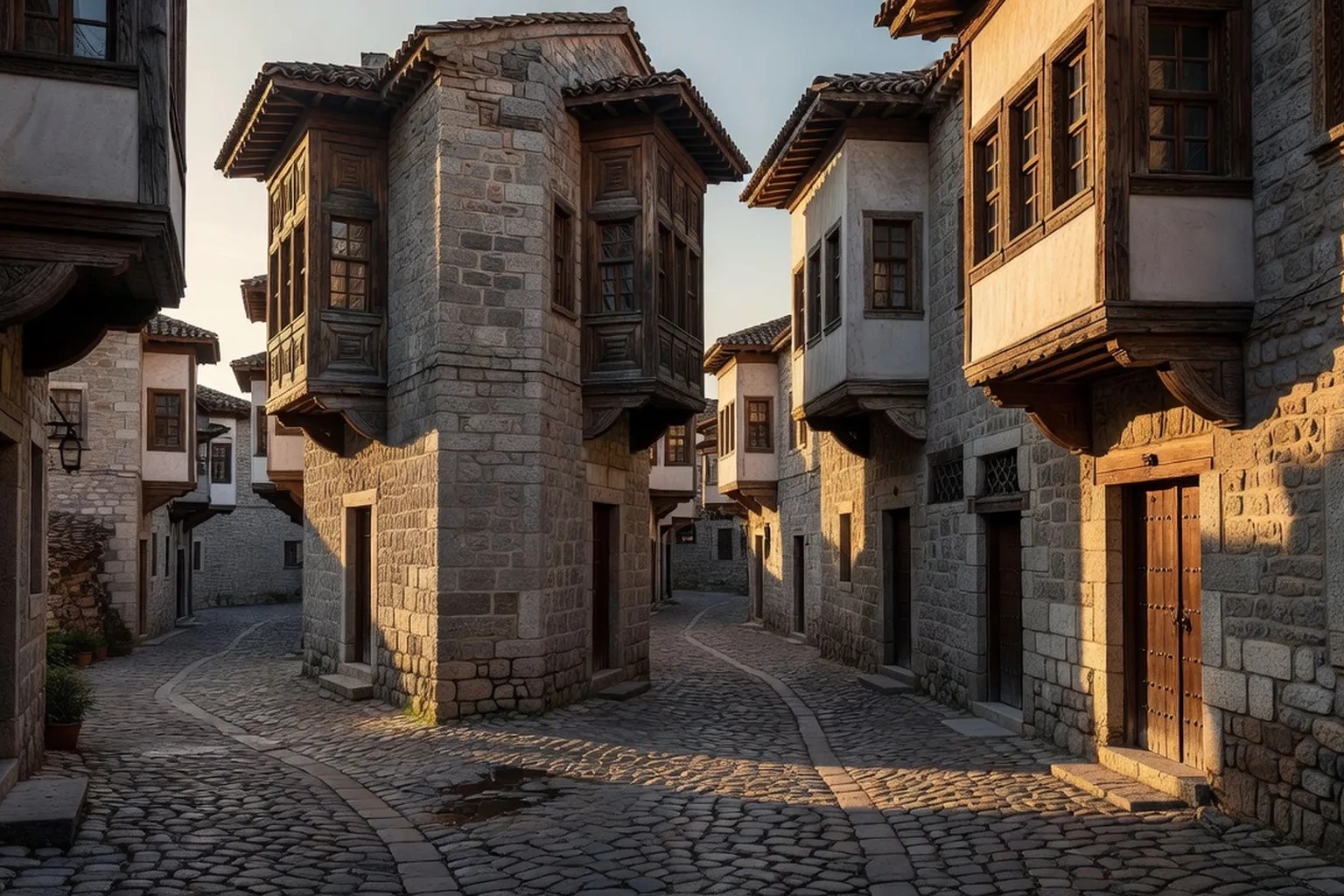 Ruelles pavées de la vieille ville de Gjirokastra, maisons en pierre à tour (kulla), ambiance ottomane