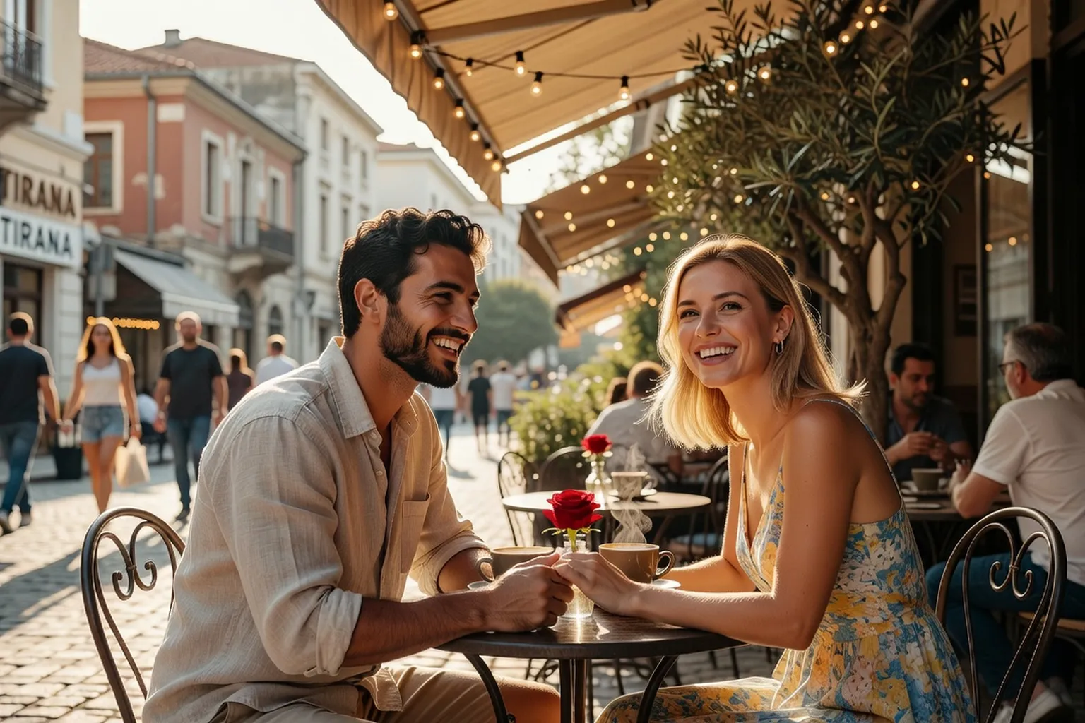 Couple franco-albanais dans un café de Tirana, ambiance chaleureuse et complicité