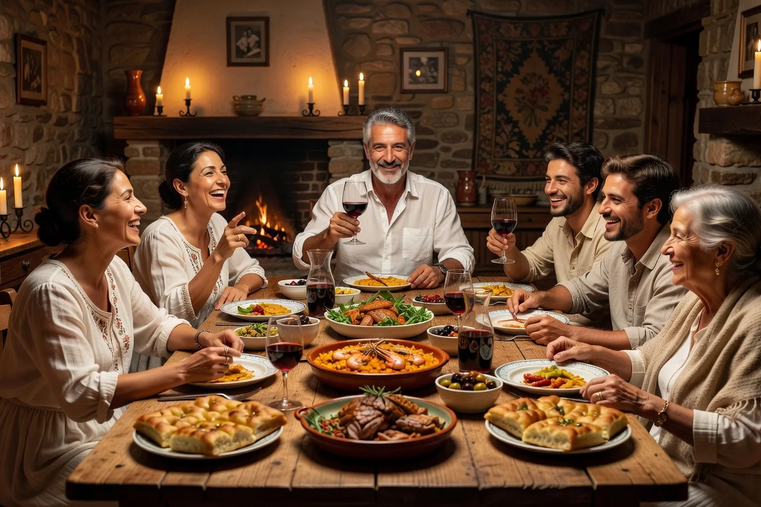 Famille albanaise à table, père en bout de table, ambiance chaleureuse et conviviale