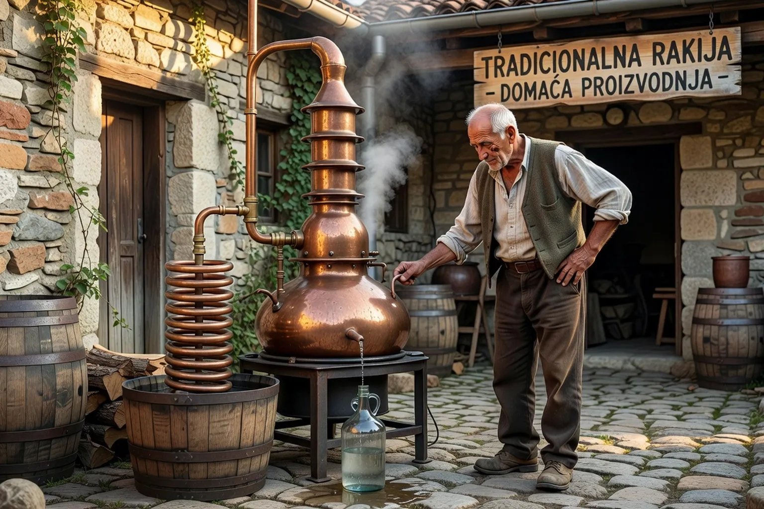 Distillerie artisanale de raki albanais, alambic en cuivre, paysan âgé surveillant la distillation