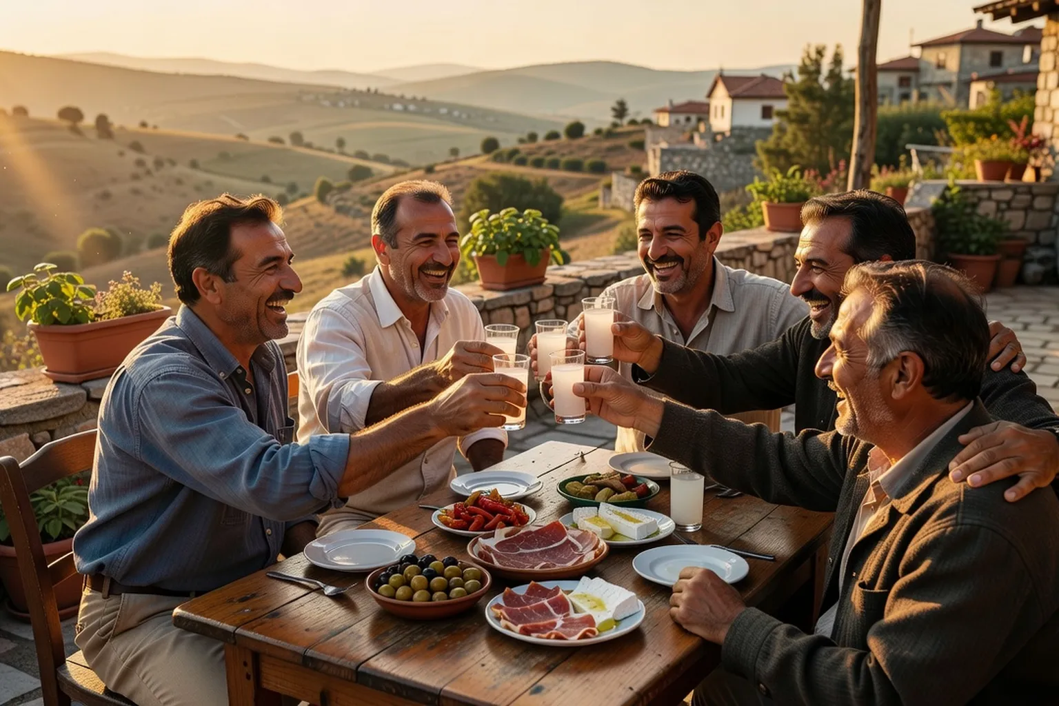 Groupe d'hommes albanais trinquant au raki en terrasse avec mezze sur la table