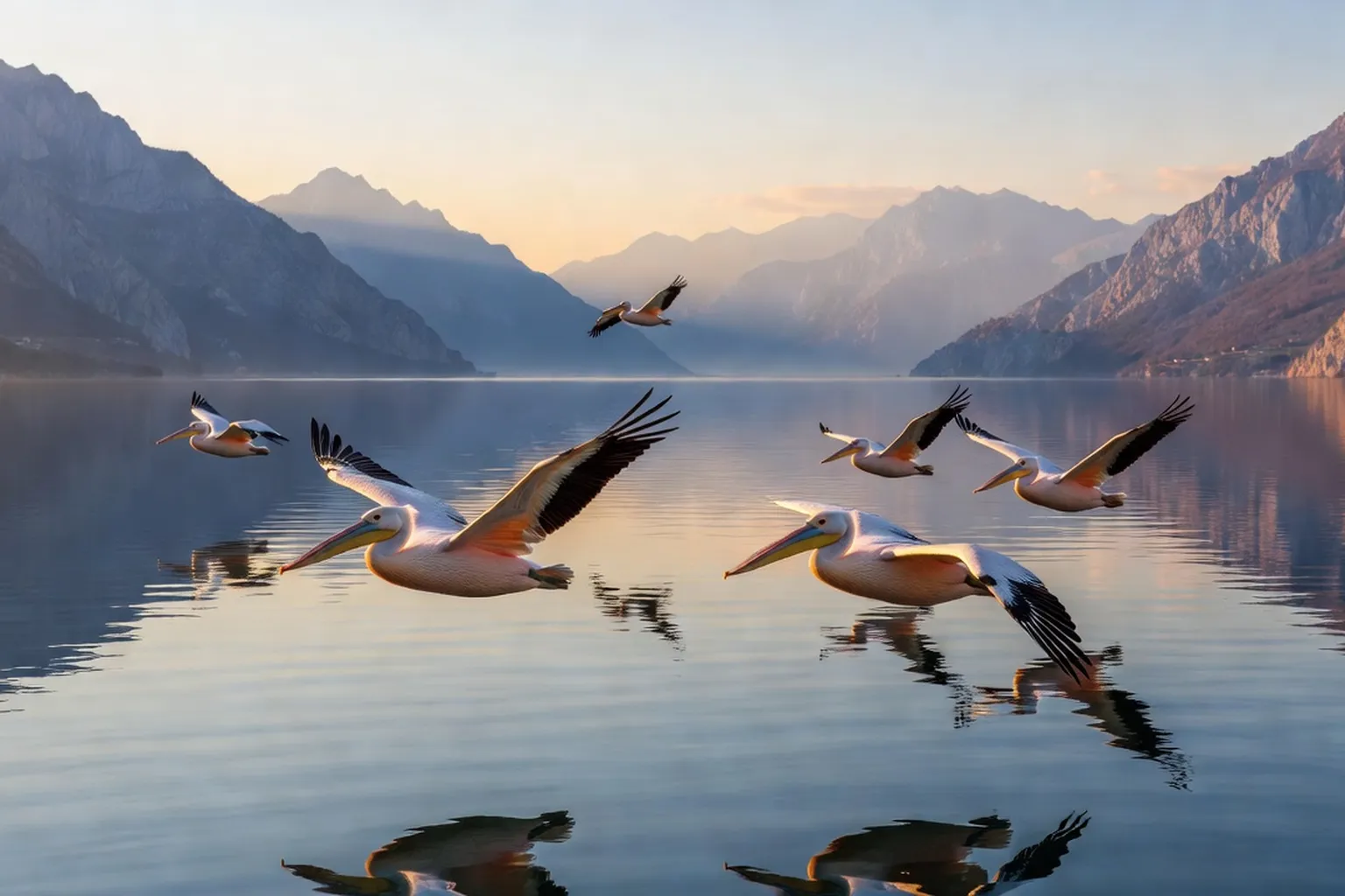 Lac Skadar, pélicans en vol, reflets des montagnes sur l'eau calme, lever de soleil doré