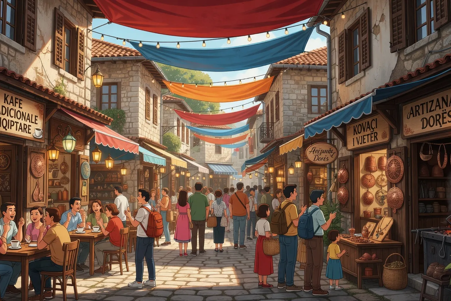 Rues animées du bazar de Shkodër, vieille ville albanaise, cafés et échoppes traditionnelles