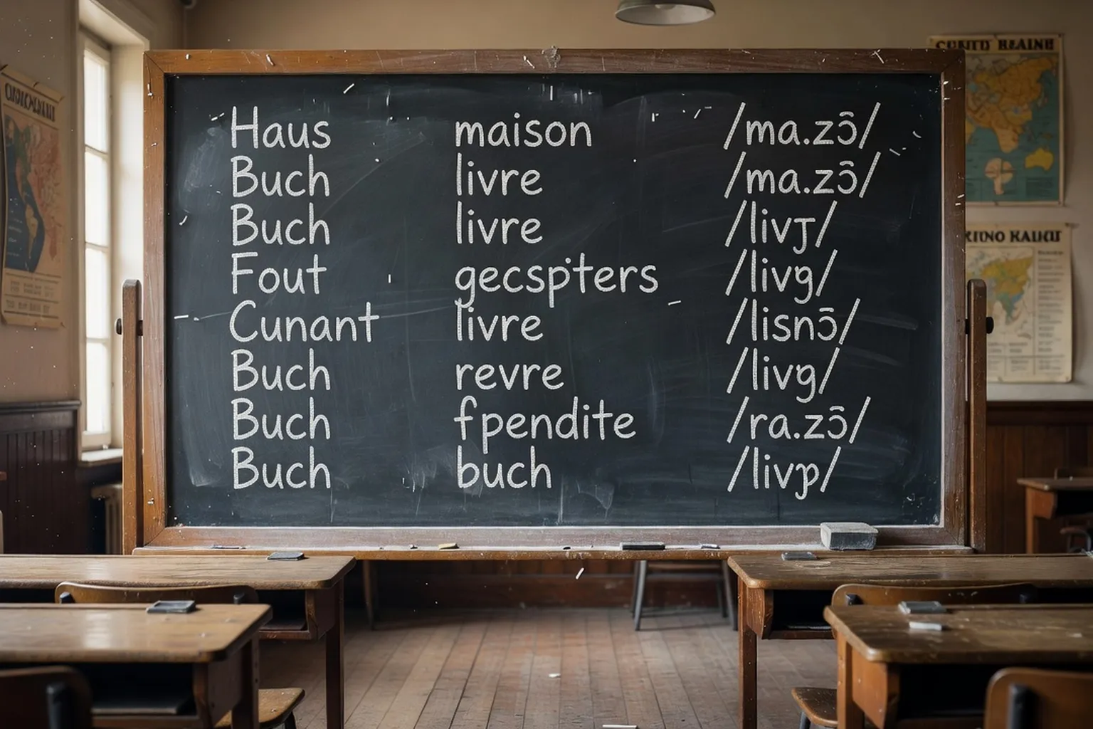 Tableau de mots albanais avec phonétique et traduction française, style tableau scolaire vintage