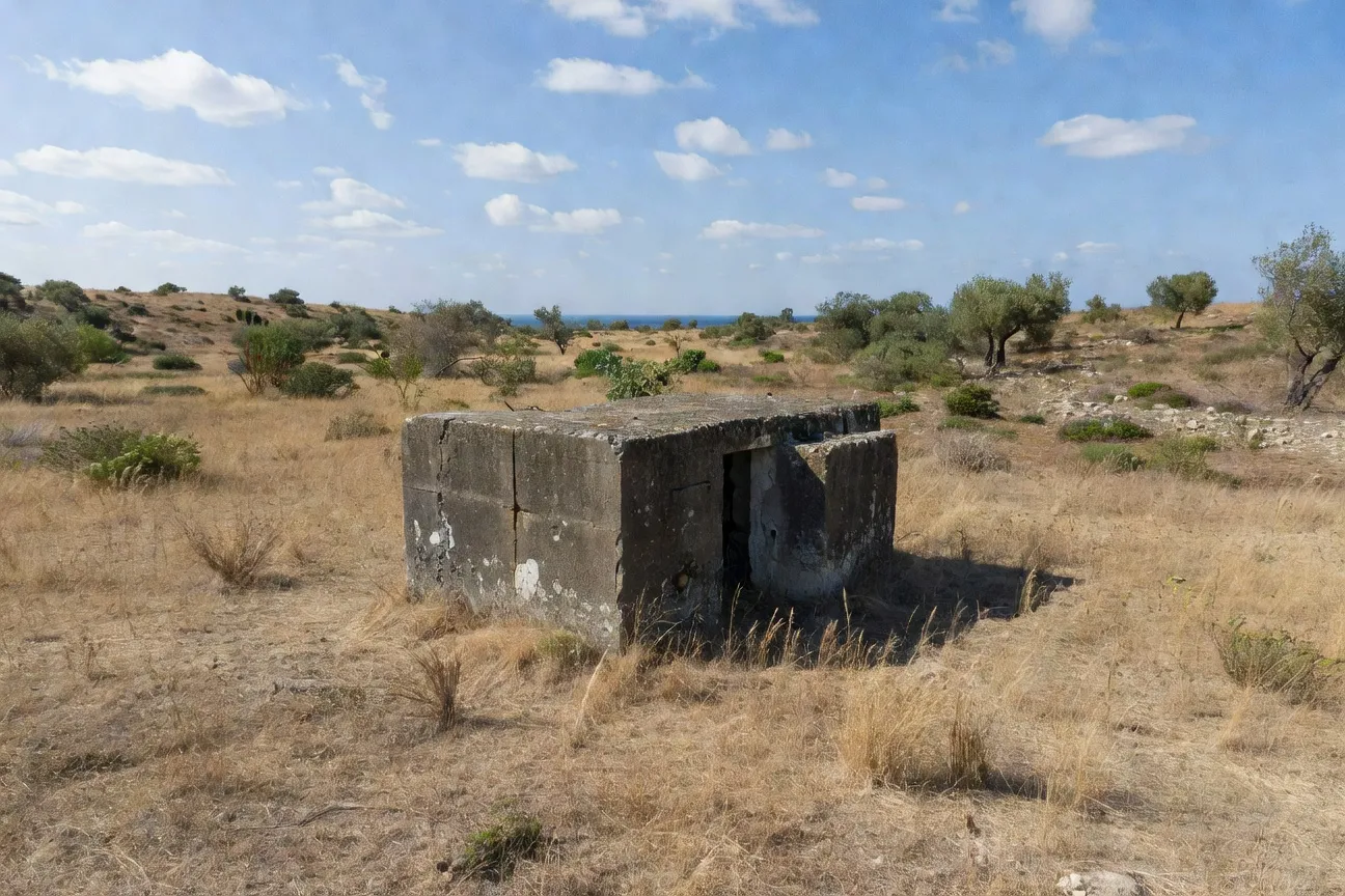 Bunker individuel albanais en béton dans un champ près de Vlora