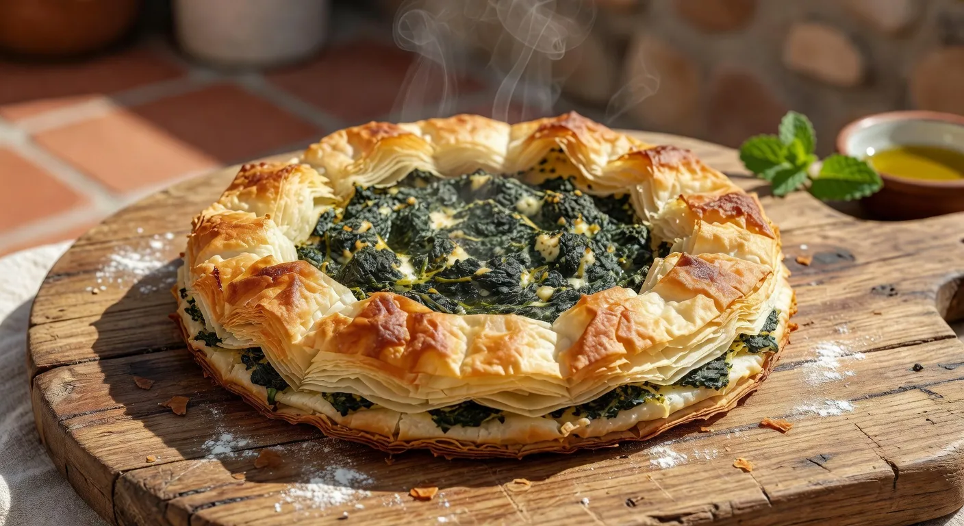 Byrek albanais aux épinards servi chaud sur une table en bois