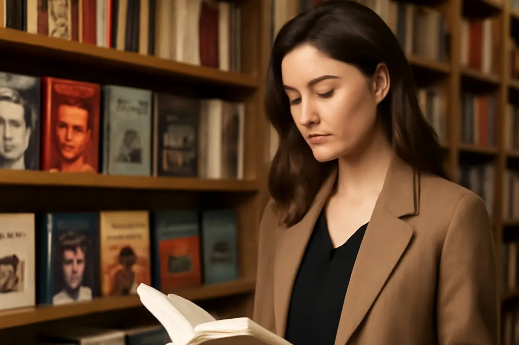 Femme feuilletant un livre d'auteur albanais contemporain dans une librairie de Tirana