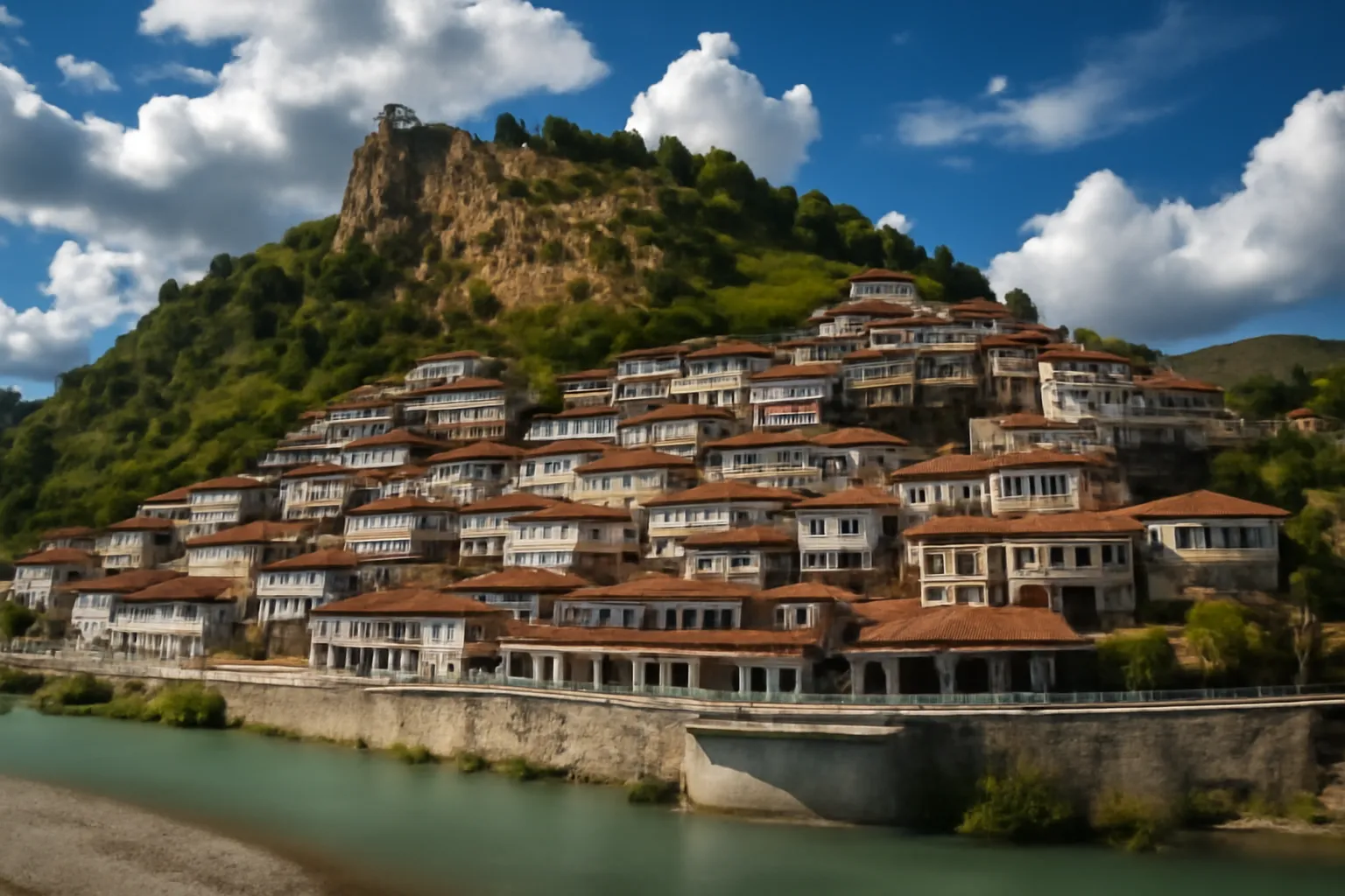 Vue panoramique de Berat, la ville aux mille fenetres en Albanie