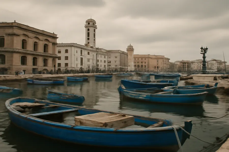 Port de Bari en Italie avec de vieux bateaux amarrés, années 1990