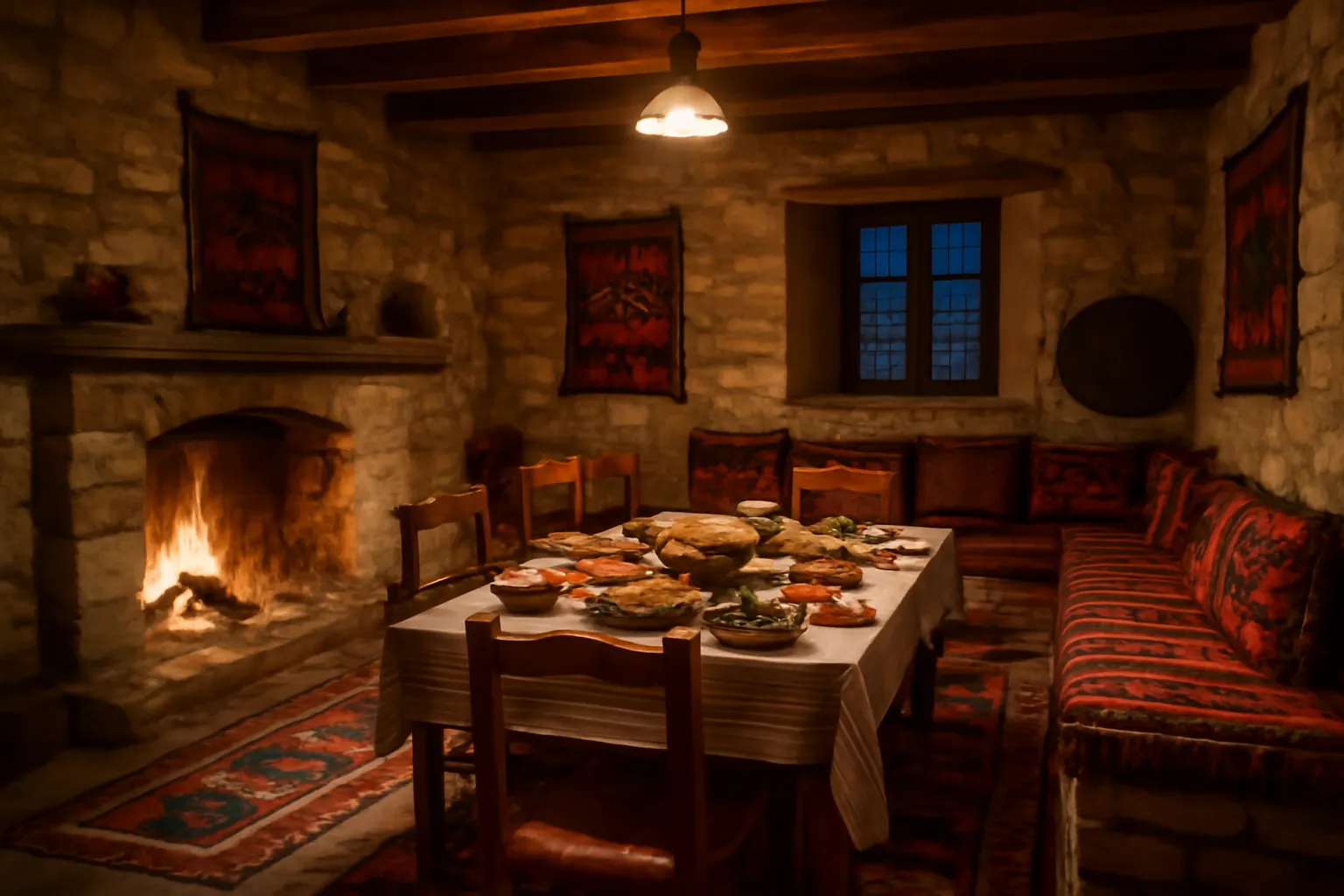Interieur chaleureux d'une guesthouse albanaise traditionnelle