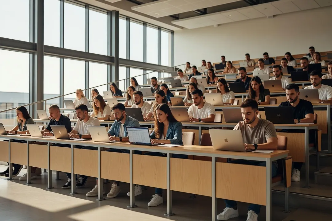 Étudiants devant l'entrée d'un bâtiment universitaire à Tirana