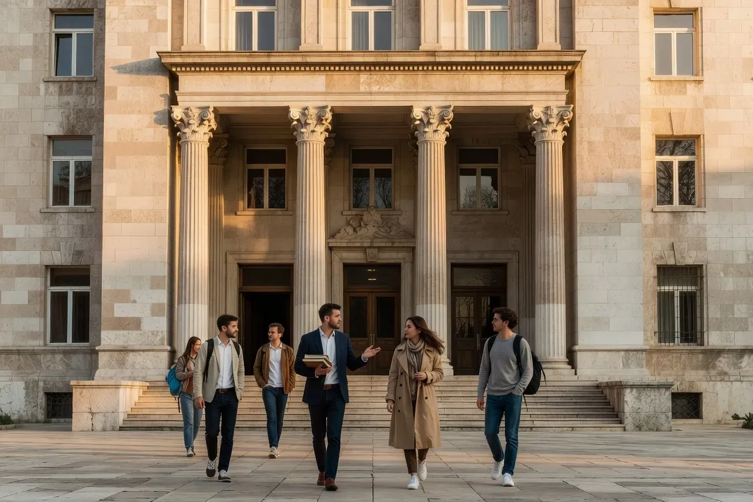 Façade d'un bâtiment universitaire à Tirana avec étudiants en discussion devant l'entrée