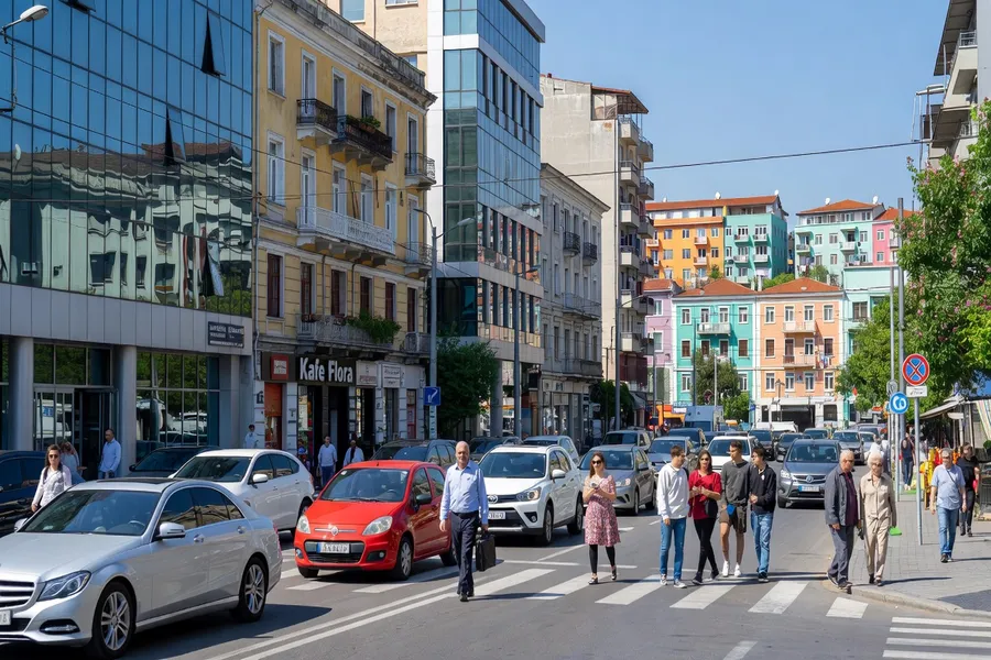 Scène de rue animée à Tirana avec voitures modernes et piétons