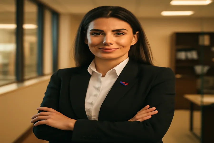 Portrait d'une femme d'affaires albanaise confiante dans un bureau moderne