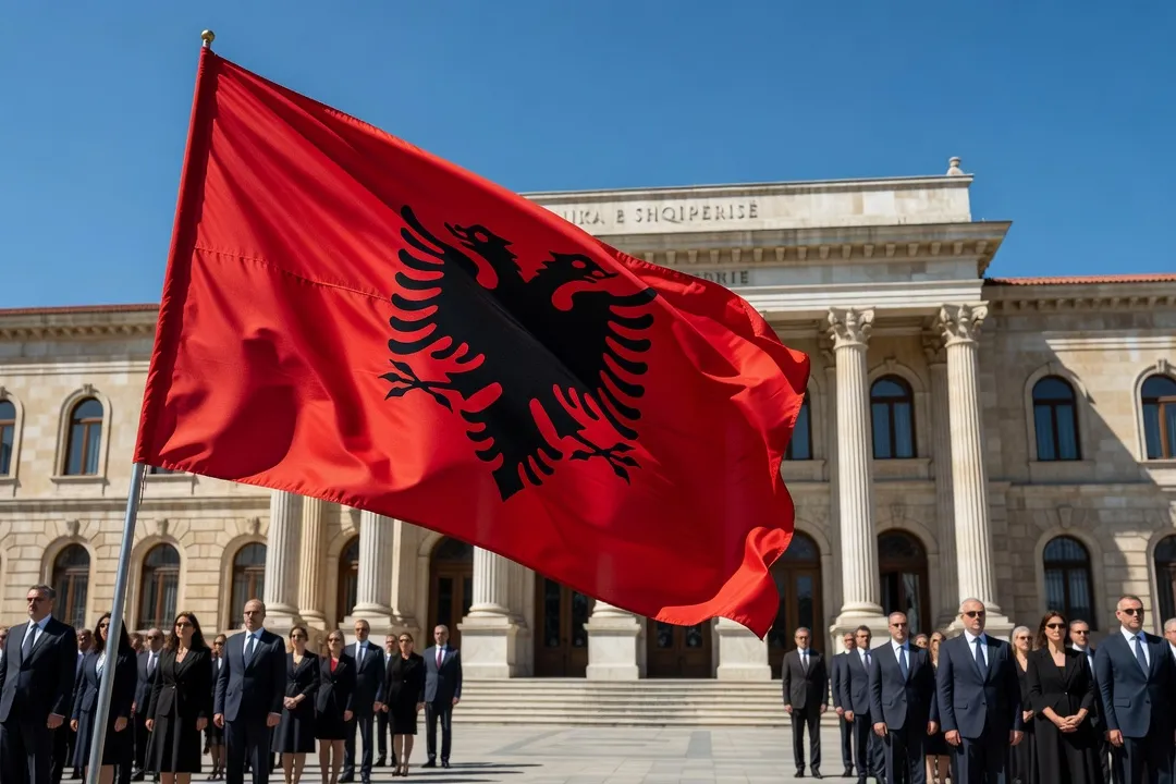 Drapeau albanais à l'aigle bicéphale flottant lors des commémorations de novembre