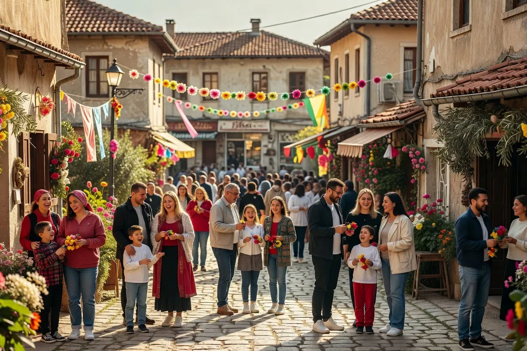 Rue animée d'Elbasan décorée pour Dita e Verës, la fête albanaise du printemps