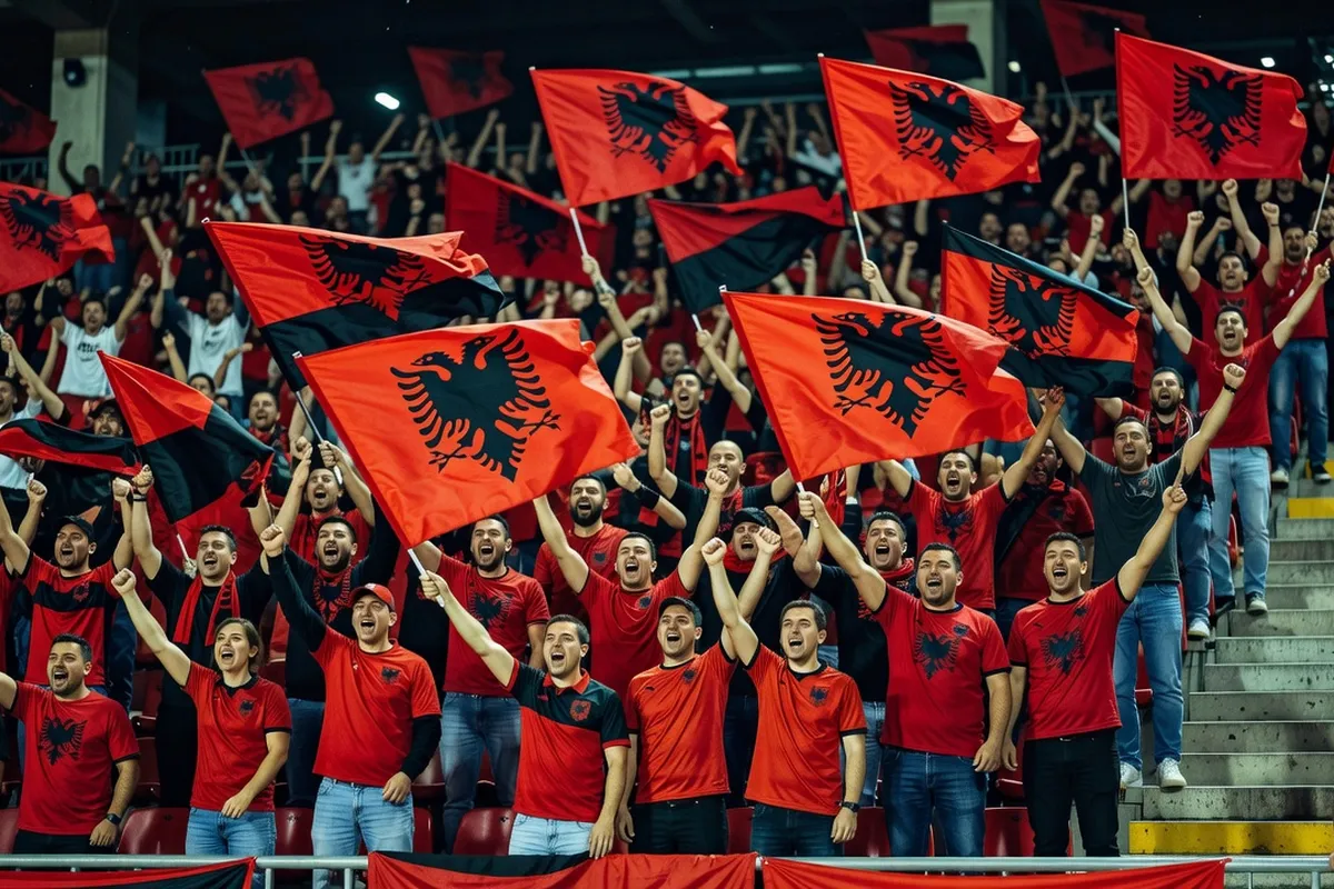 Supporters albanais agitant des drapeaux rouge et noir à l'aigle bicéphale dans un stade