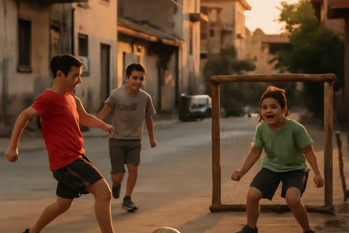Jeunes jouant au football dans un quartier albanais sur un terrain de fortune