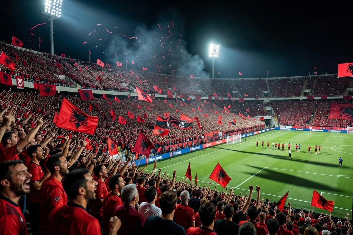 Stade de football albanais rempli de supporters agitant des drapeaux rouge et noir à l'aigle bicéphale, ambiance nocturne
