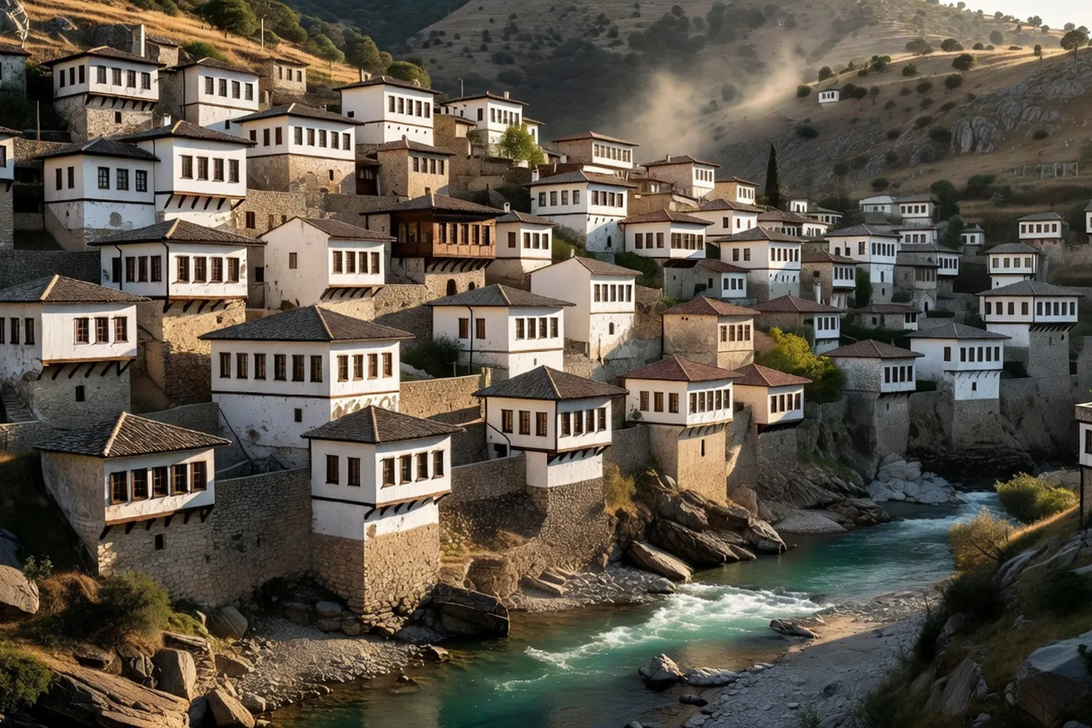 Berat, la ville aux mille fenêtrès — maisons ottomanes superposées sur la colline avec la rivière Osum