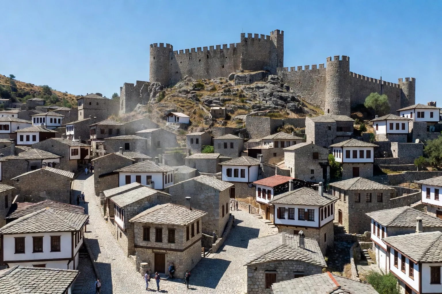 Vue aérienne de la forteresse de Gjirokastra et de la vieille ville ottomane en Albanie