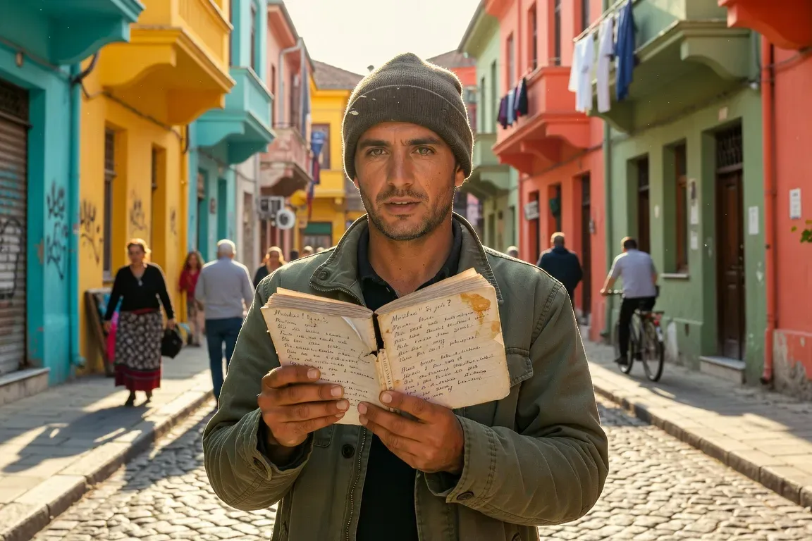 Voyageur français consultant un carnet de phrases albanaises dans une rue de Tirana