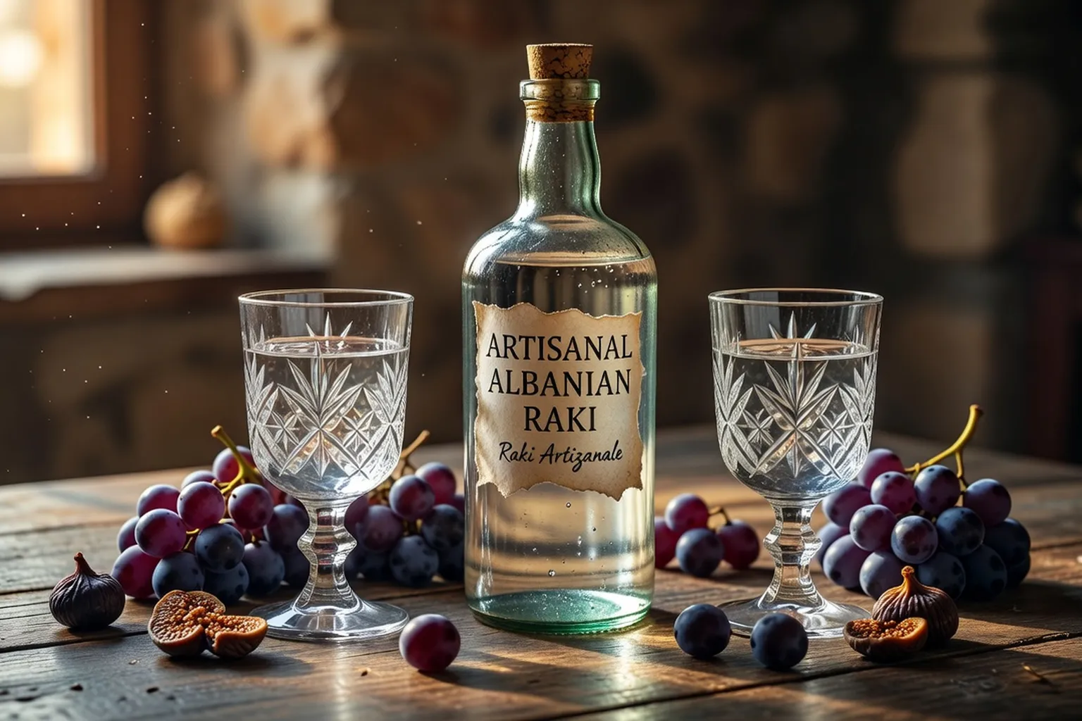 Bouteille de raki artisanal albanais sur table en bois avec verres en cristal et raisins