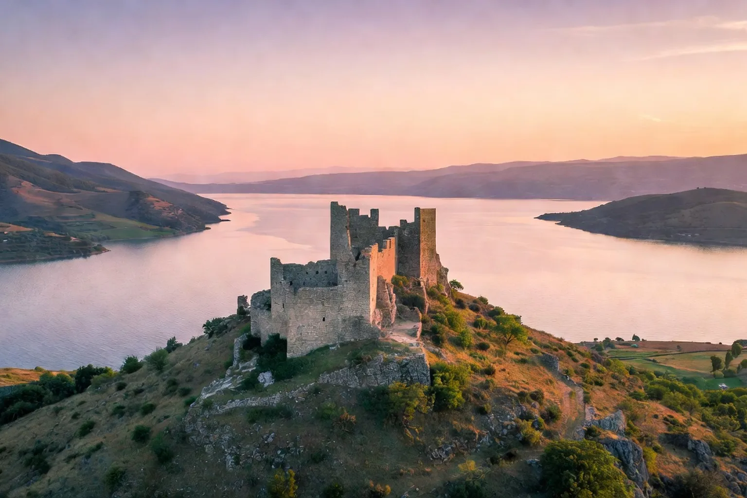 Forteresse de Rozafa sur colline avec le lac Skadar en arrière-plan, Shkodër Albanie