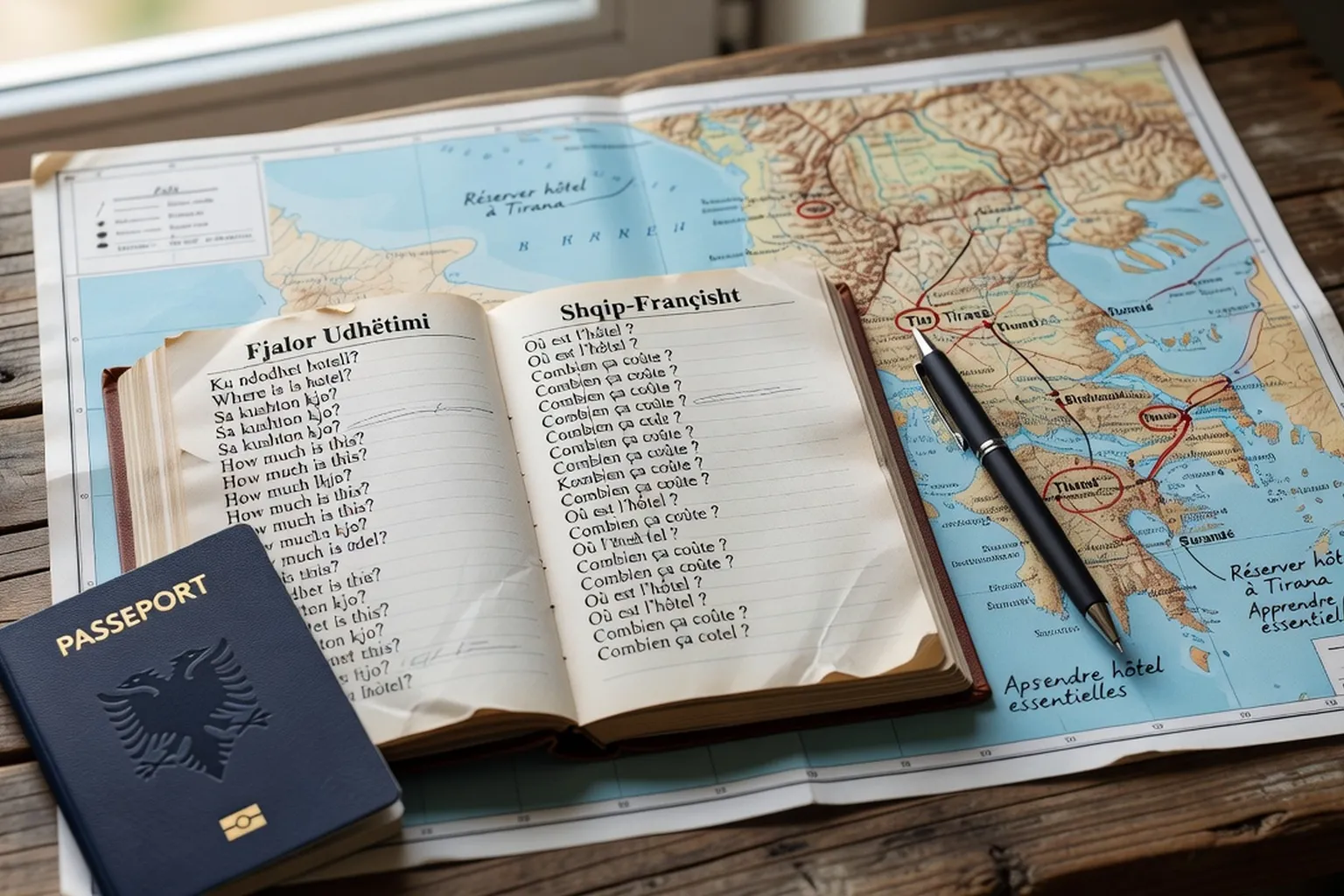 Phrasebook et guide de voyage en albanais, dictionnaire ouvert avec stylo et passeport français sur fond de carte Albanie