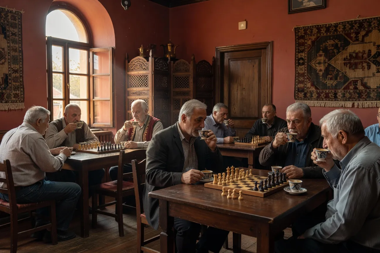 Café traditionnel albanais à Shkoder où s'observe le langage corporel local