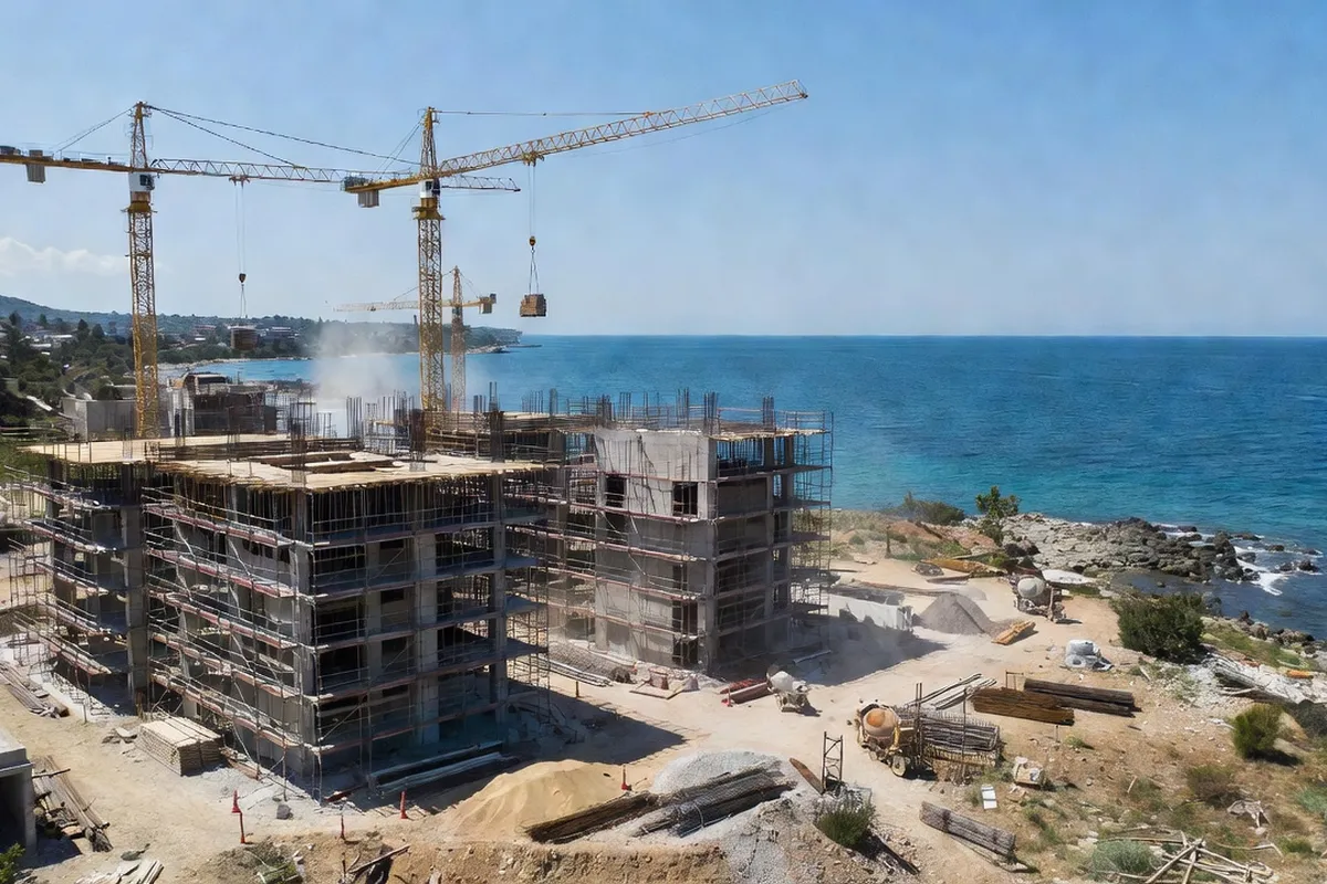 Chantier de construction résidentielle sur la côte albanaise avec vue sur la mer